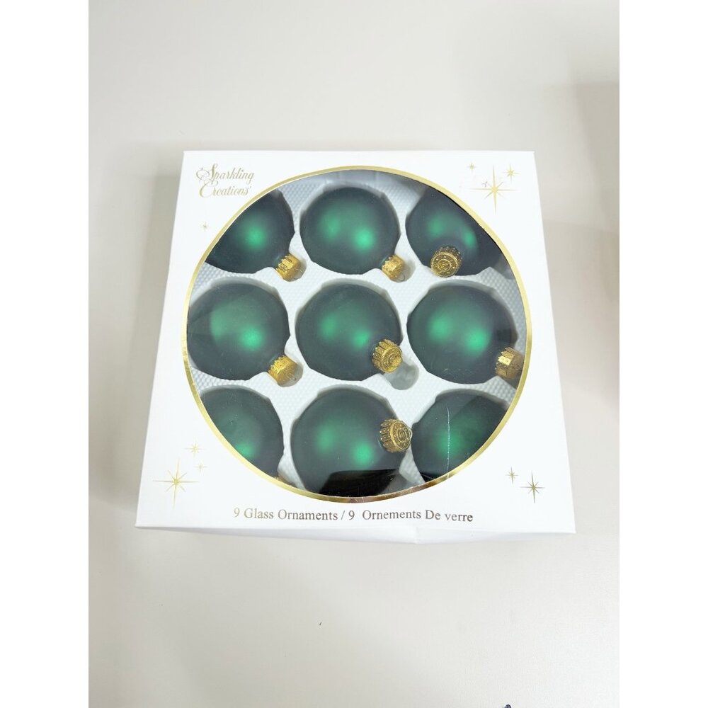 VTG Sparkling Creations Round Dark Green 9 Balls Christmas Ornaments EUC